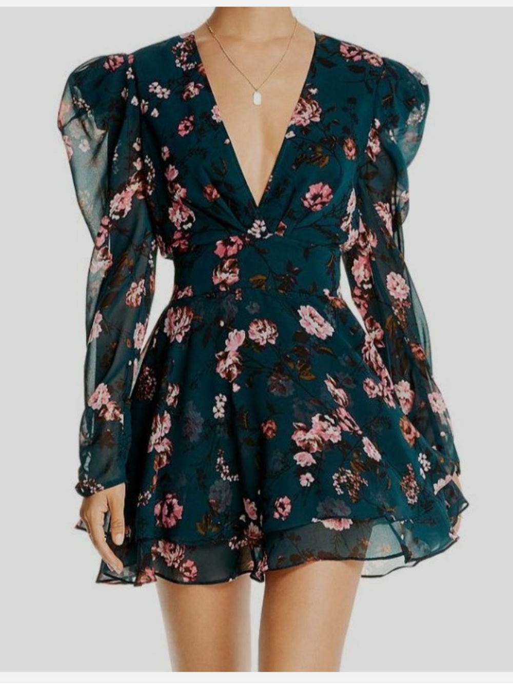 LINI Isabelle Floral Mini Dress Teal Pink Puff‎ Long Sleeve V-Neck Fit & Flare